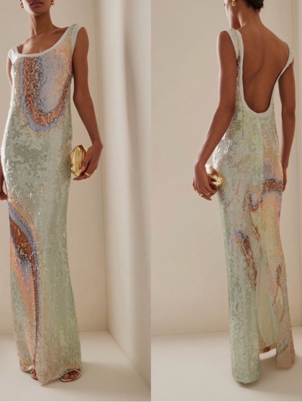 Jonathan Simkhai Serene Pastel Multi Sequin Scoop-Back Maxi Dress